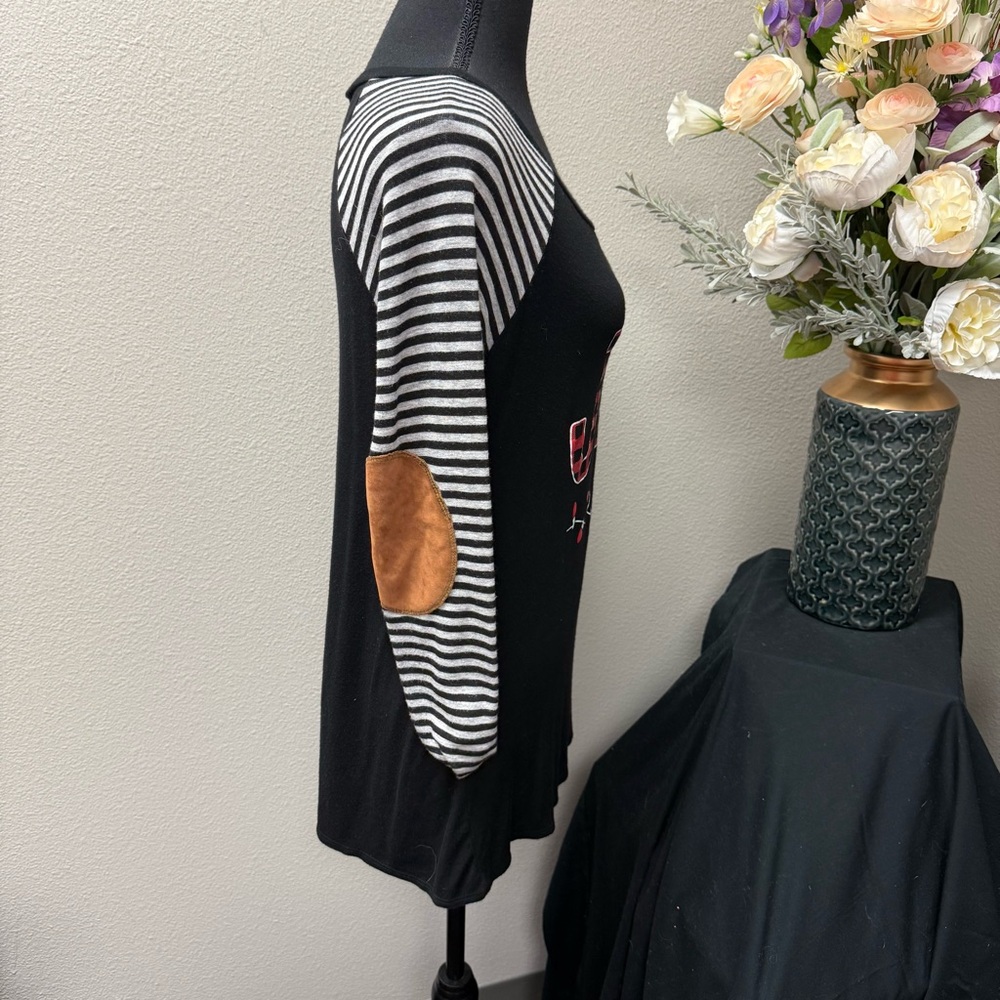 Zutter Joyful Buffalo Plaid Christmas Top Black White Stripe Sleeve Small - Picture 4 of 6